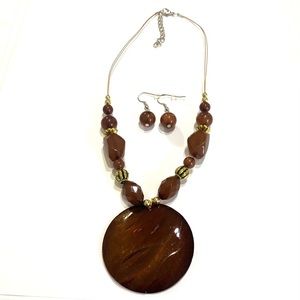 Brown Round Shell Necklace Earrings Set